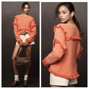 NWT Anthropologie Self Contrast Ruffle Crew Sweater